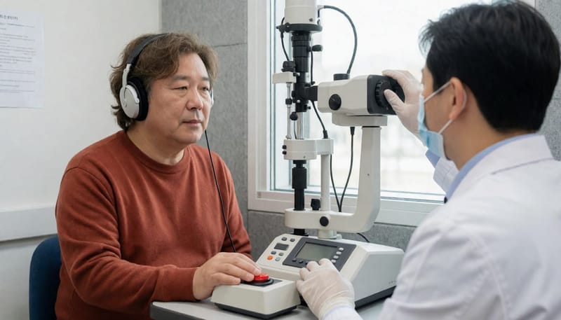 순음청력검사는 방음부스 안에서 버튼으로 반응을 기록하는 방식으로 진행됩니다.