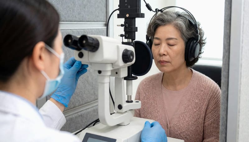 방음부스에서 진행되는 순음청력검사 장면